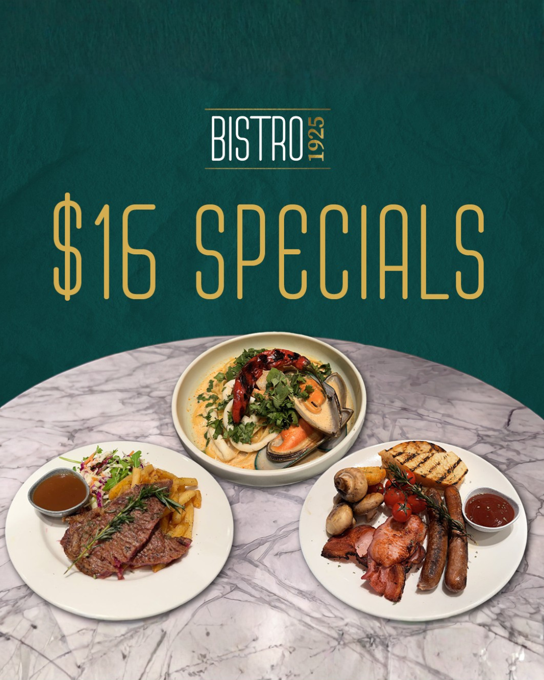 Bistro 1925 members only $16 lunch specials graphic in dark green