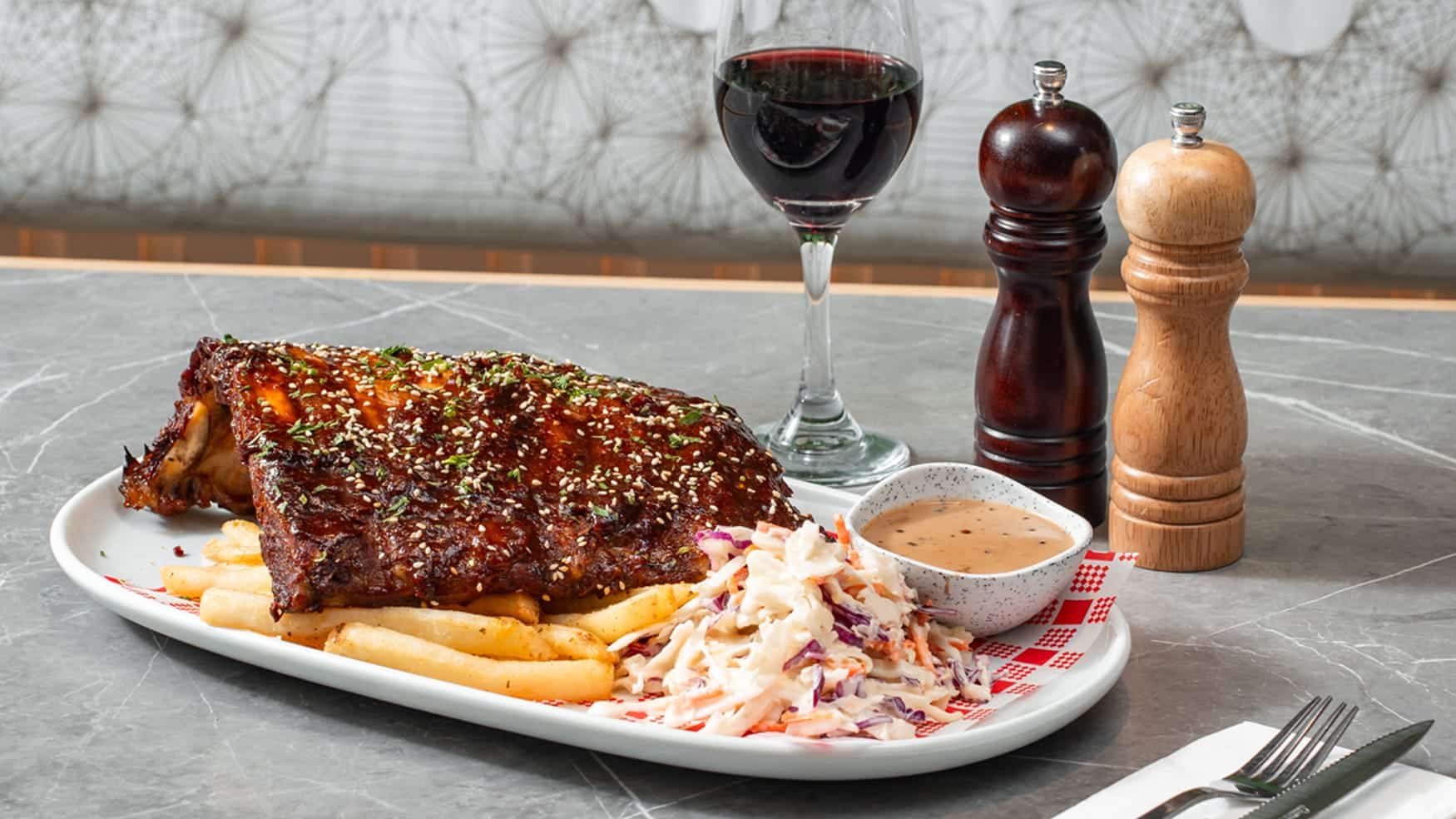 Steak frites and wine