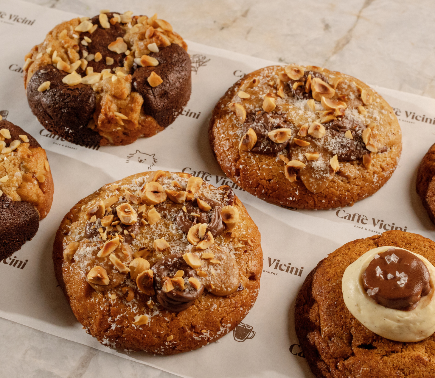 Close-up of rich chocolate brownie with golden crumbs and nuts. cookie variations with different toppings
