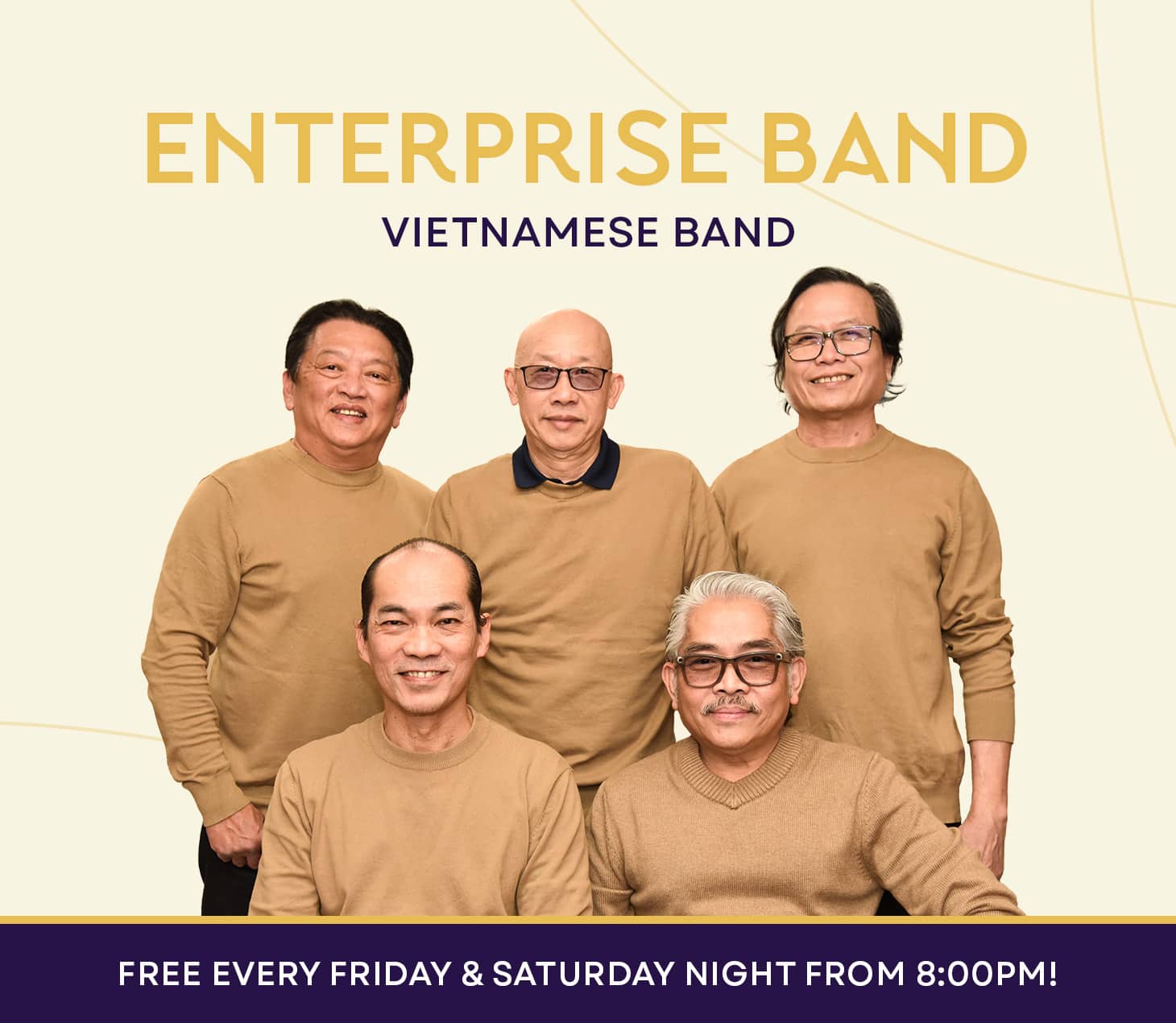 The Enterprise Band, a Vietnamese band, pose for a promotional photo for live performances at Cabravale, playing every Friday and Saturday night from 8pm.
