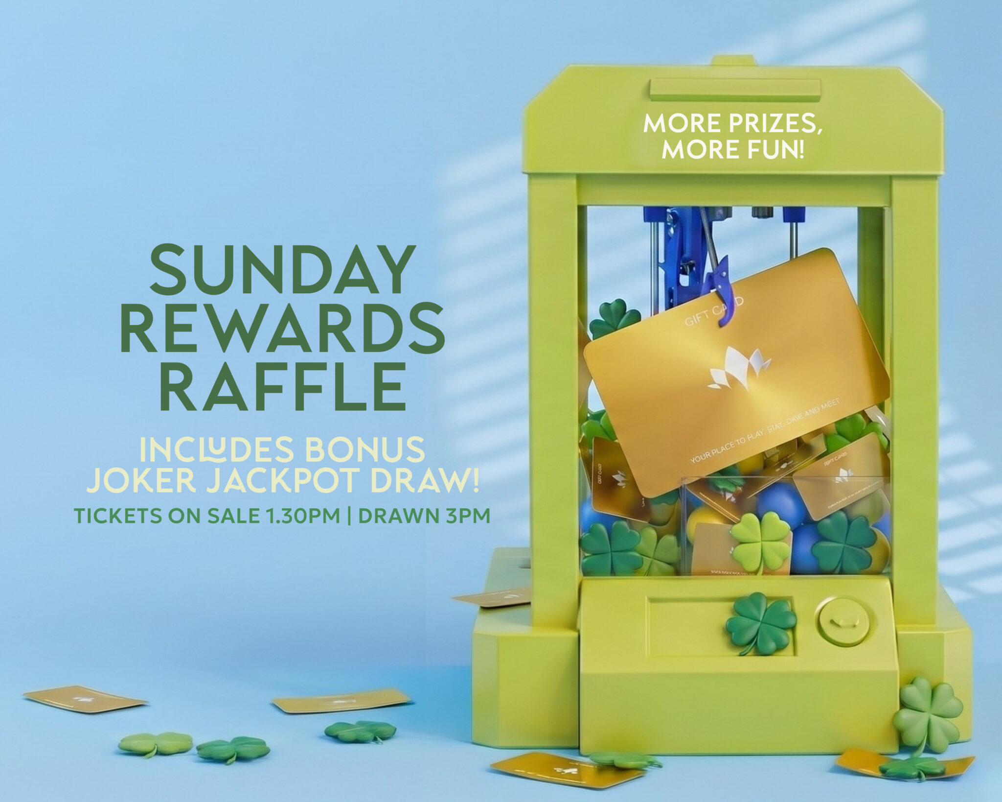 Sunday rewards raffle poster promoting Cabravale Resort Club raffle every Sunday with claw machine.