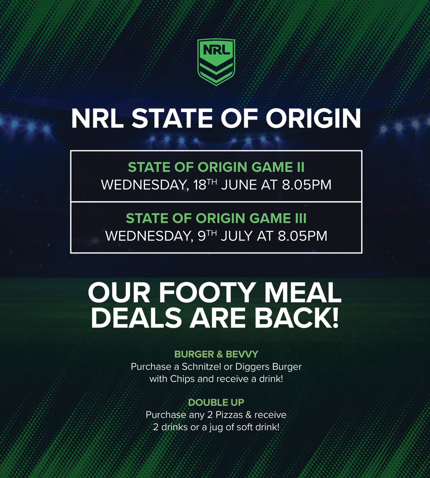 NRL State of Origin Games and Footy Meal Deals