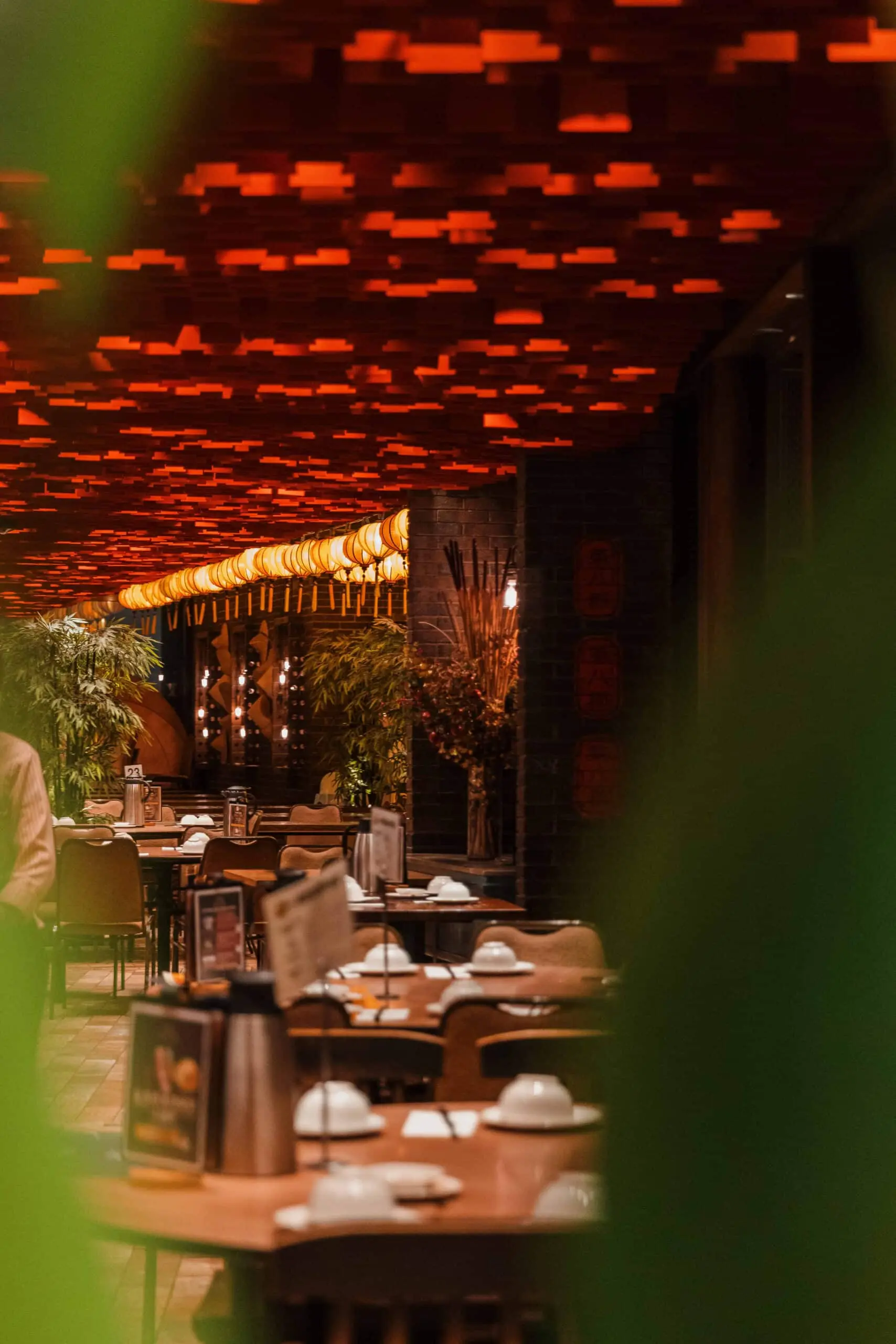 Elegant restaurant with warm lighting.