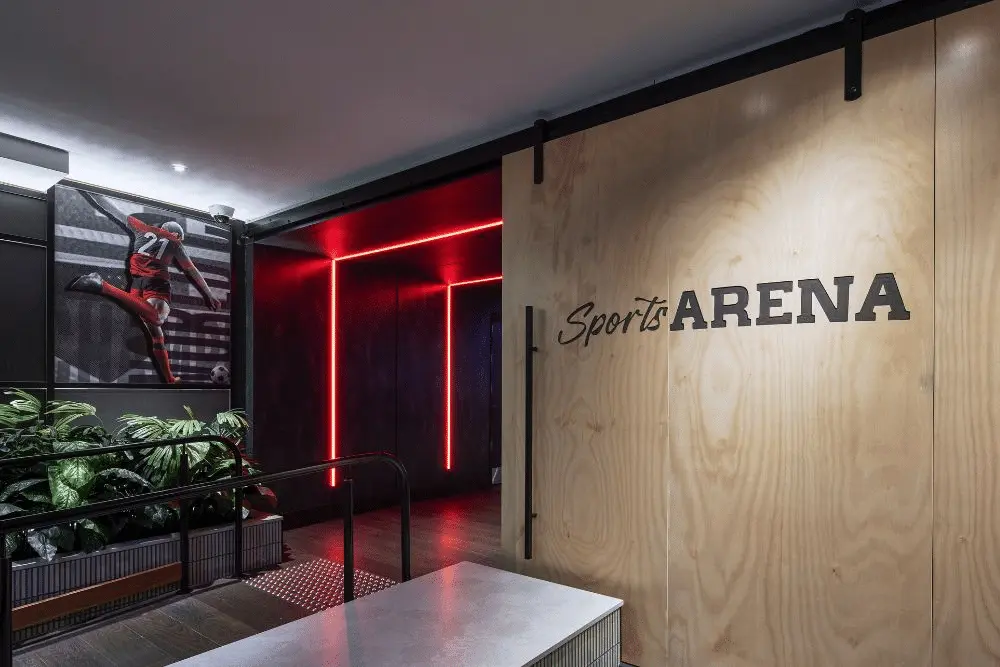 Modern entrance to Sports Arena facility.