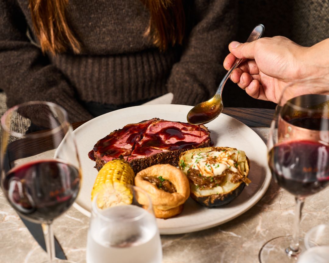 Sunday roast with chargrilled corn and potato with wine