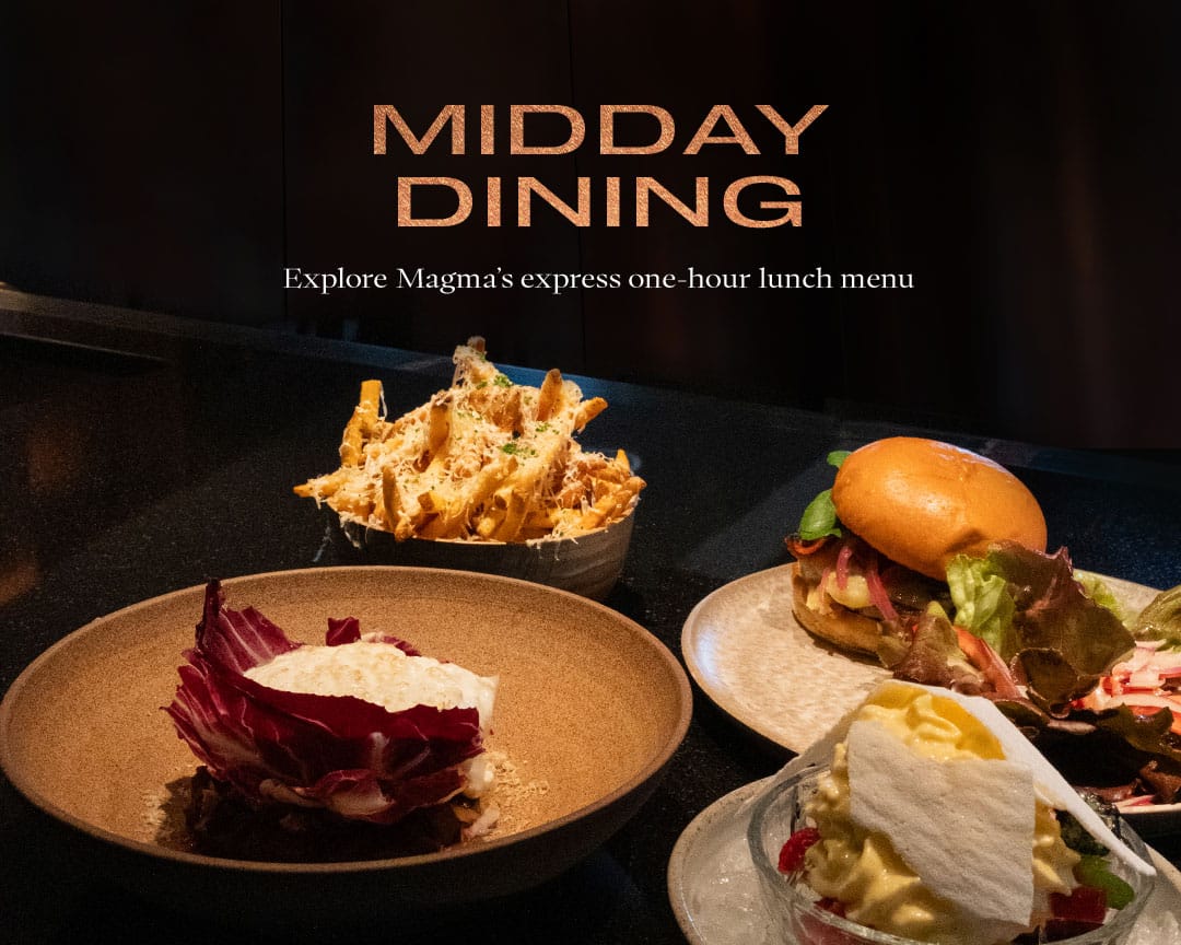 Midday dining promotion at Cabravale Club Resort showcasing Magma’s express one-hour lunch menu, featuring gourmet plates, sides, and a signature burger ideal for a quick lunch break