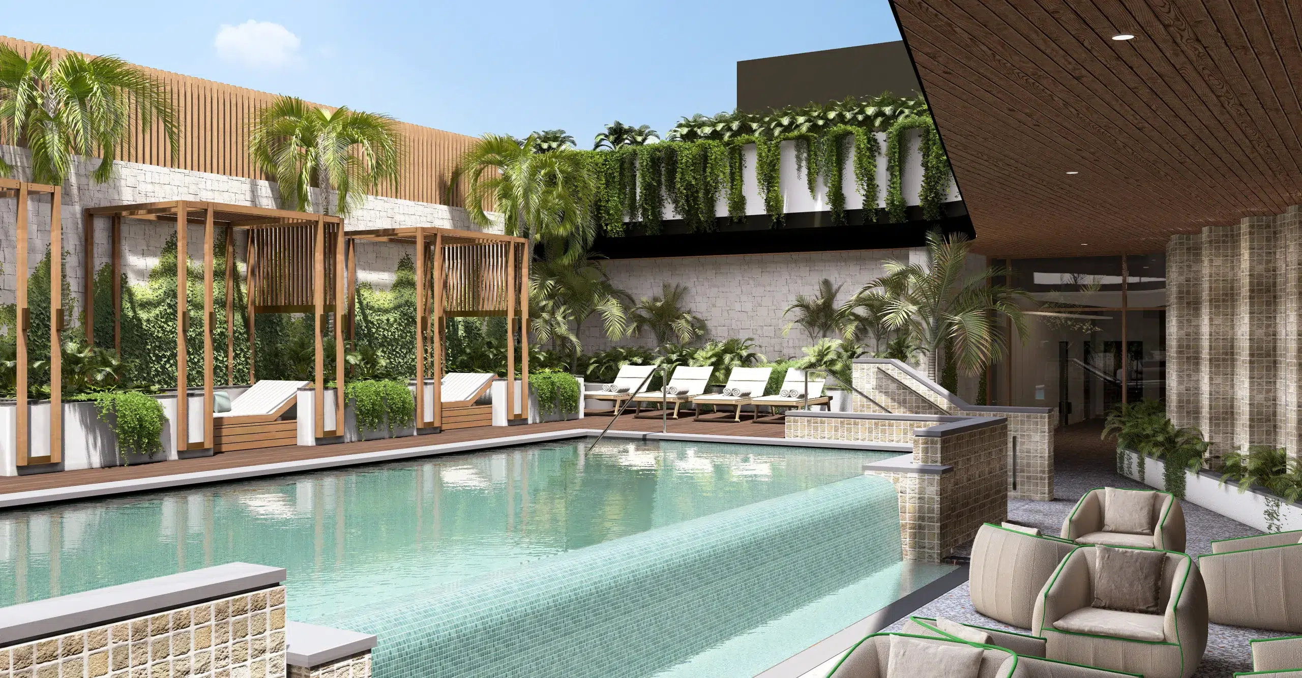 Luxurious poolside with lush greenery.