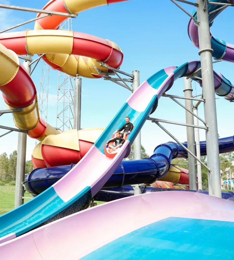Colourful water slides at Raging Waters, Sydney's largest water park and an easy trip from the hotel in Western Sydney