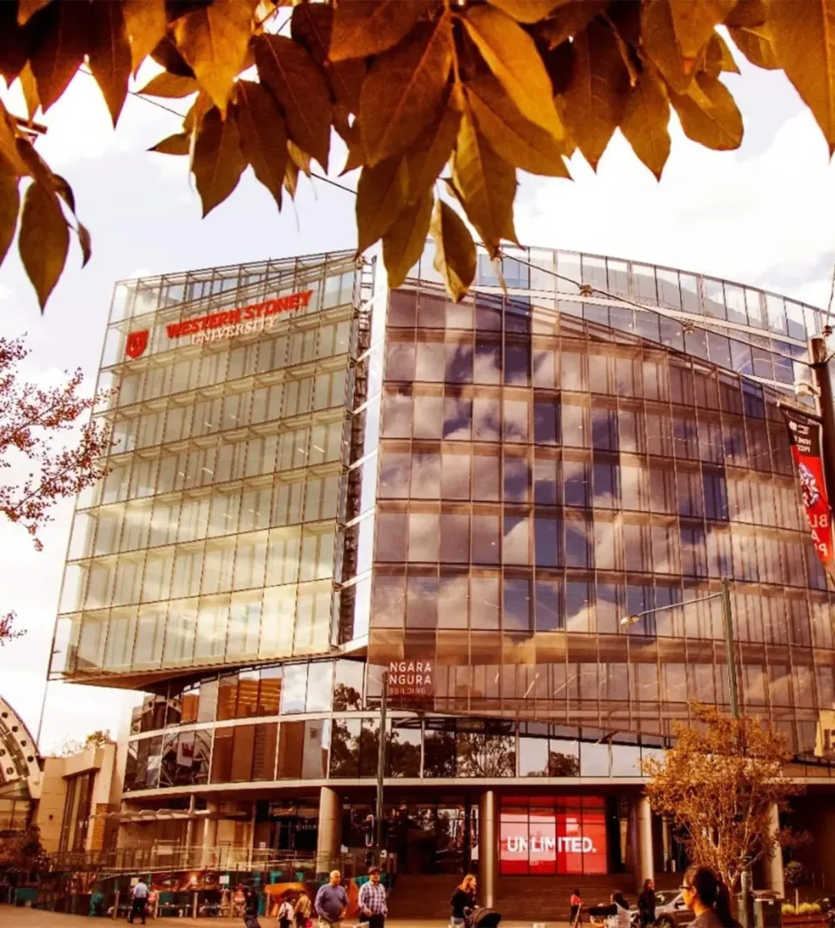 Western Sydney University campus building near Cabravale, a modern glass-fronted university in the heart of Western Sydney