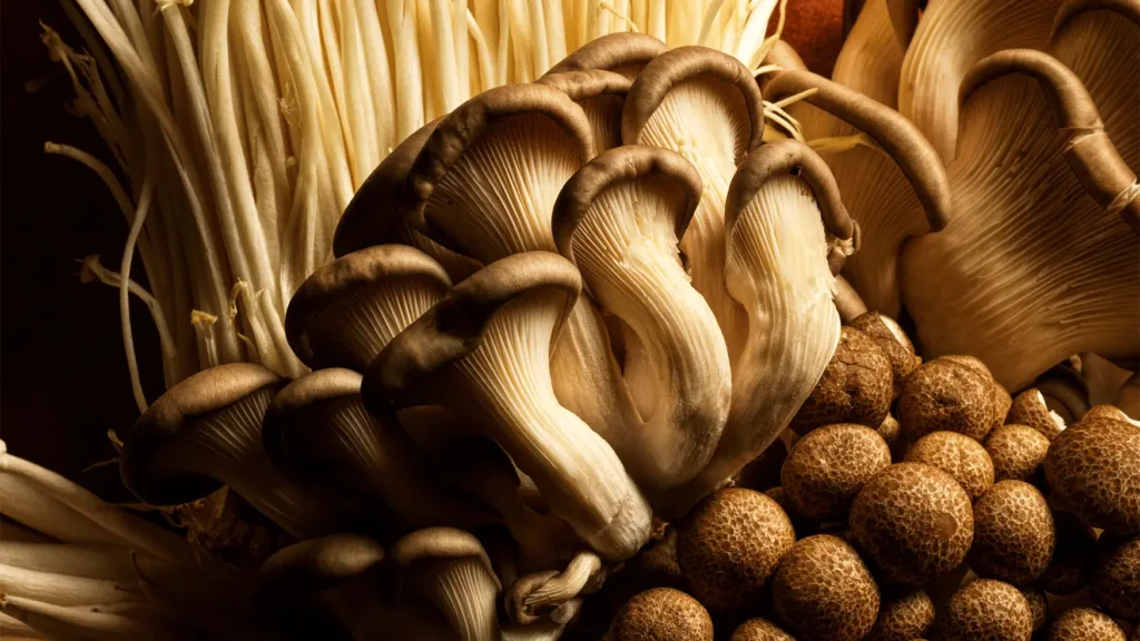 Close-up of mixed mushrooms with layered caps shown as an ingredient feature for Magma by Dany Karam