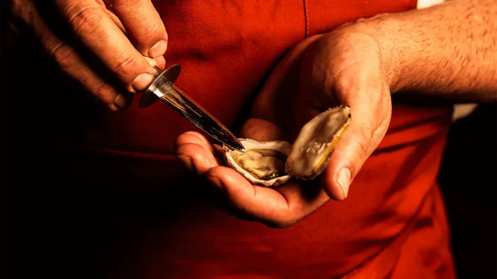 Close-up of chef opening a fresh oyster during food preparation in Magma