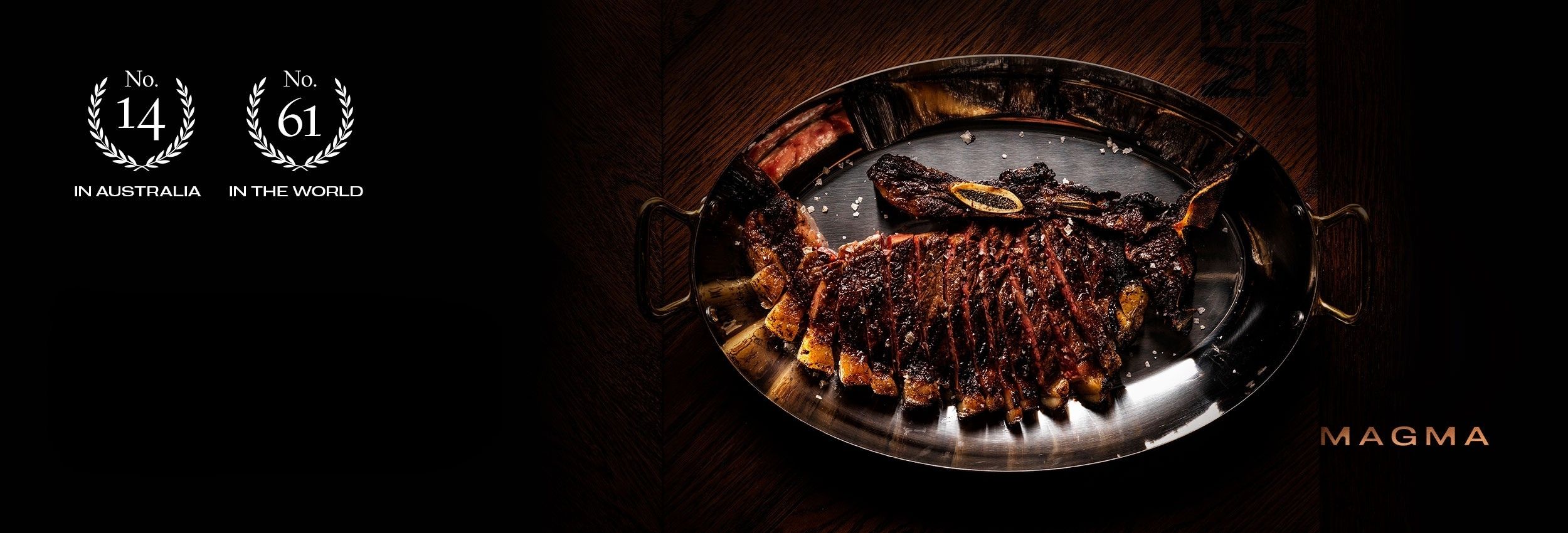 Magma steakhouse banner with charred steak on metal platter, ranked No. 14 best in Australia award