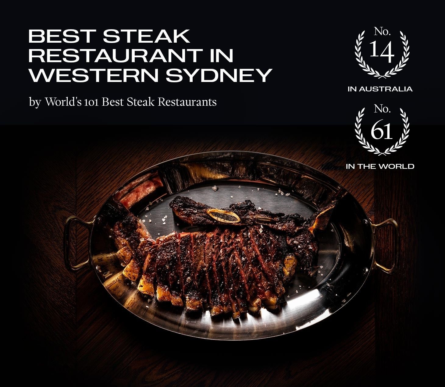 Magma steakhouse banner with charred steak on metal platter, ranked No. 14 best in Australia award