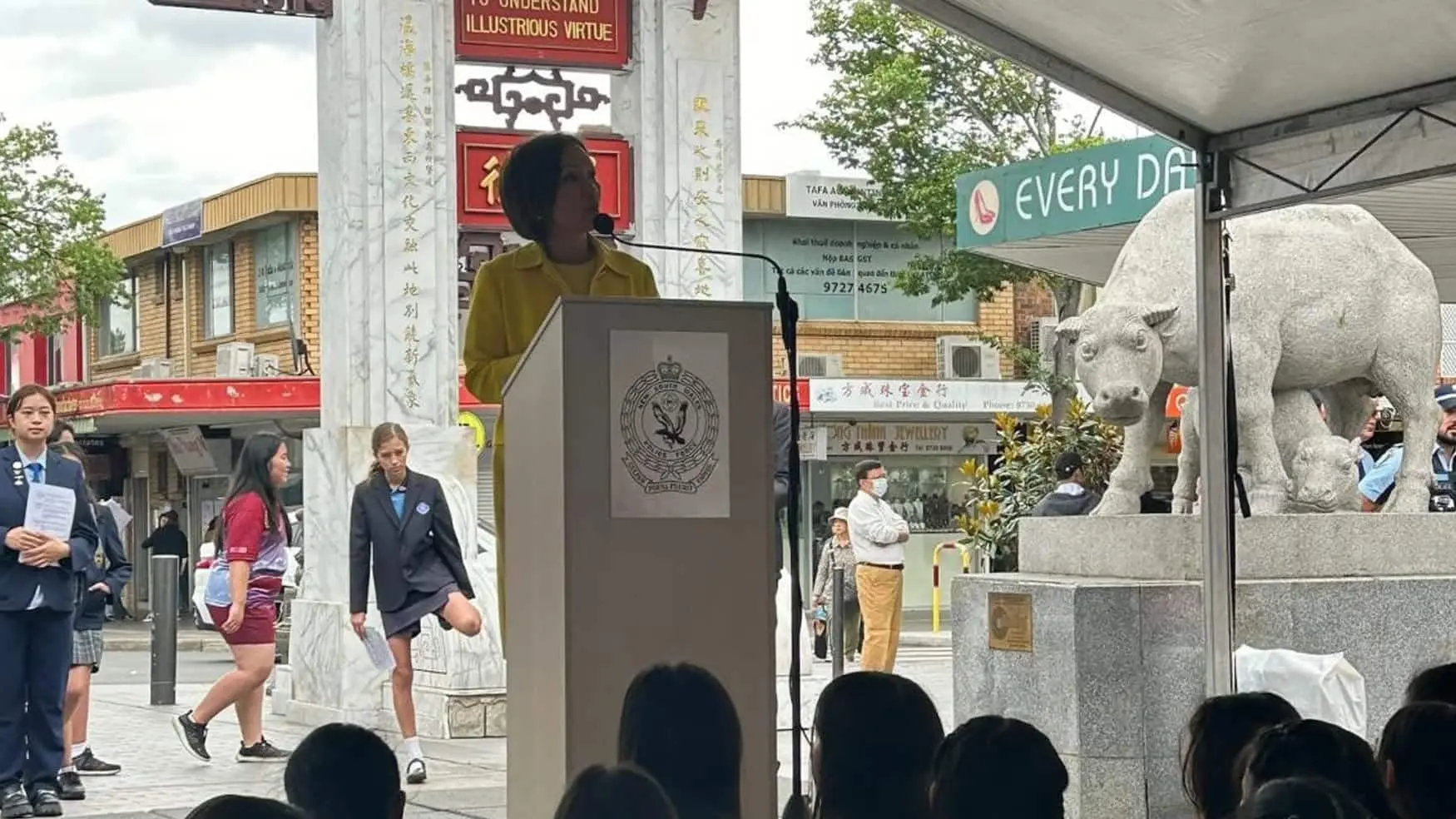 Speaker addresses the crowd from a podium near the Cabramatta archway during the Walk Against Domestic and Family Violence.