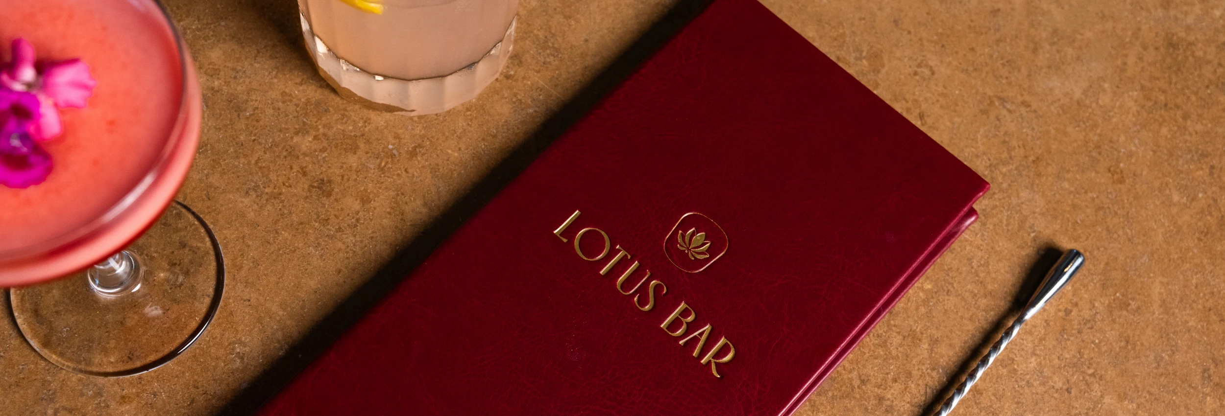 bar menu with cocktail drinks, pink and sweet cocktails decorated with flower and textured menu