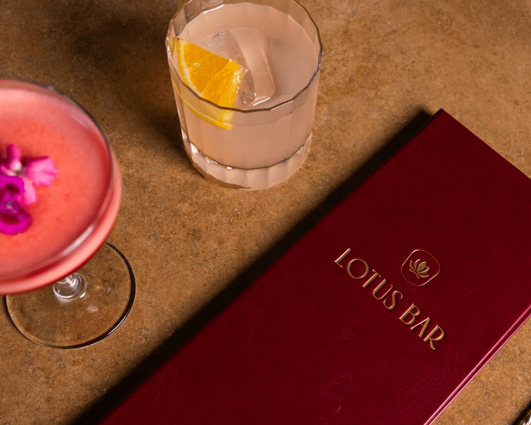 bar menu with cocktail drinks, pink and sweet cocktails decorated with flower and textured menu