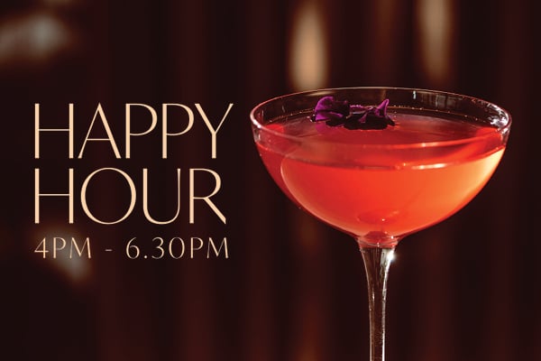 Happy Hour 4PM - 6.30PM at Lotus Bar, featuring cocktails in a relaxed setting ideal for unwinding after work
