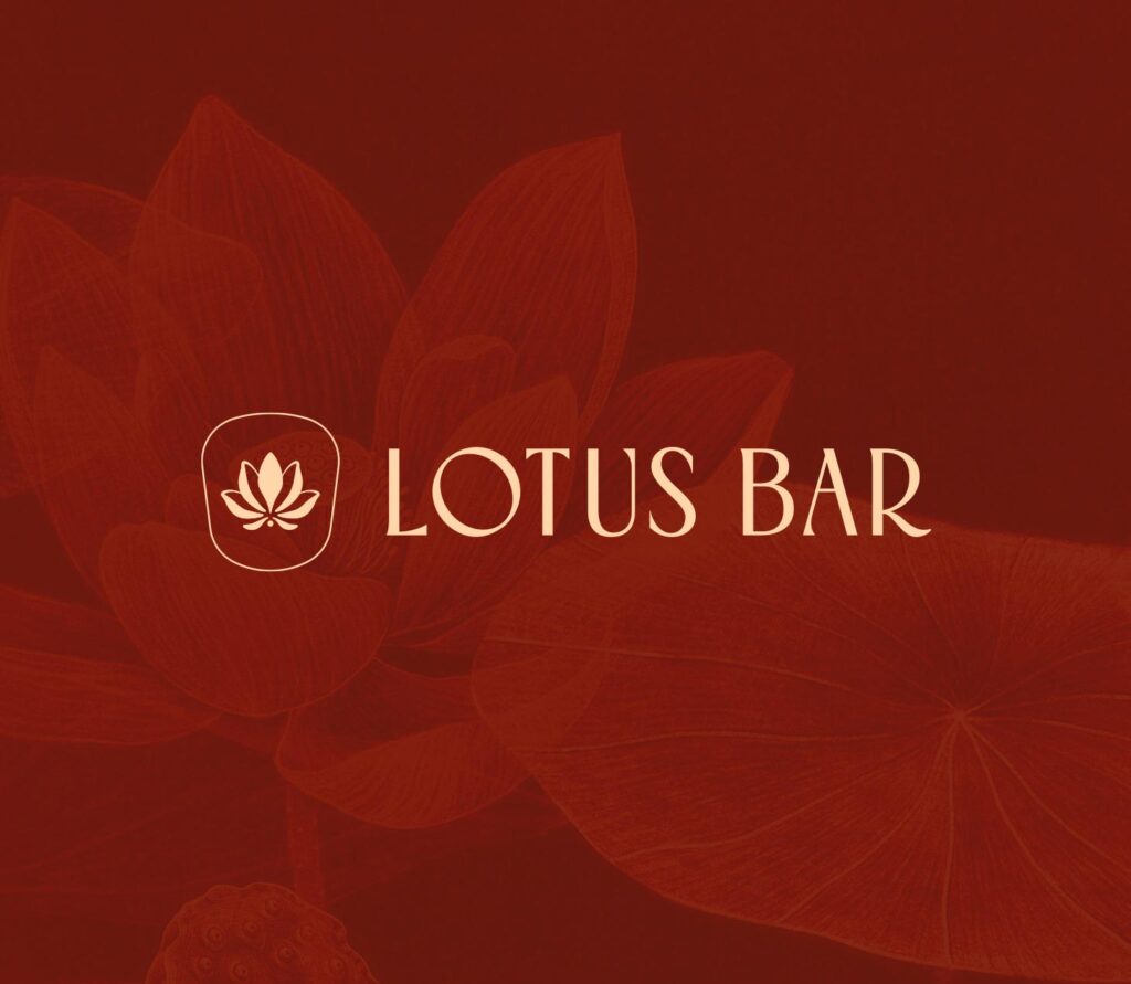 Lotus Bar logo on deep red background with subtle lotus motif, elegant gold lettering and refined lounge branding