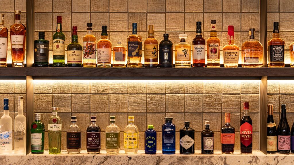 Premium whisky and gin display at Solair Lounge in Western Sydney
