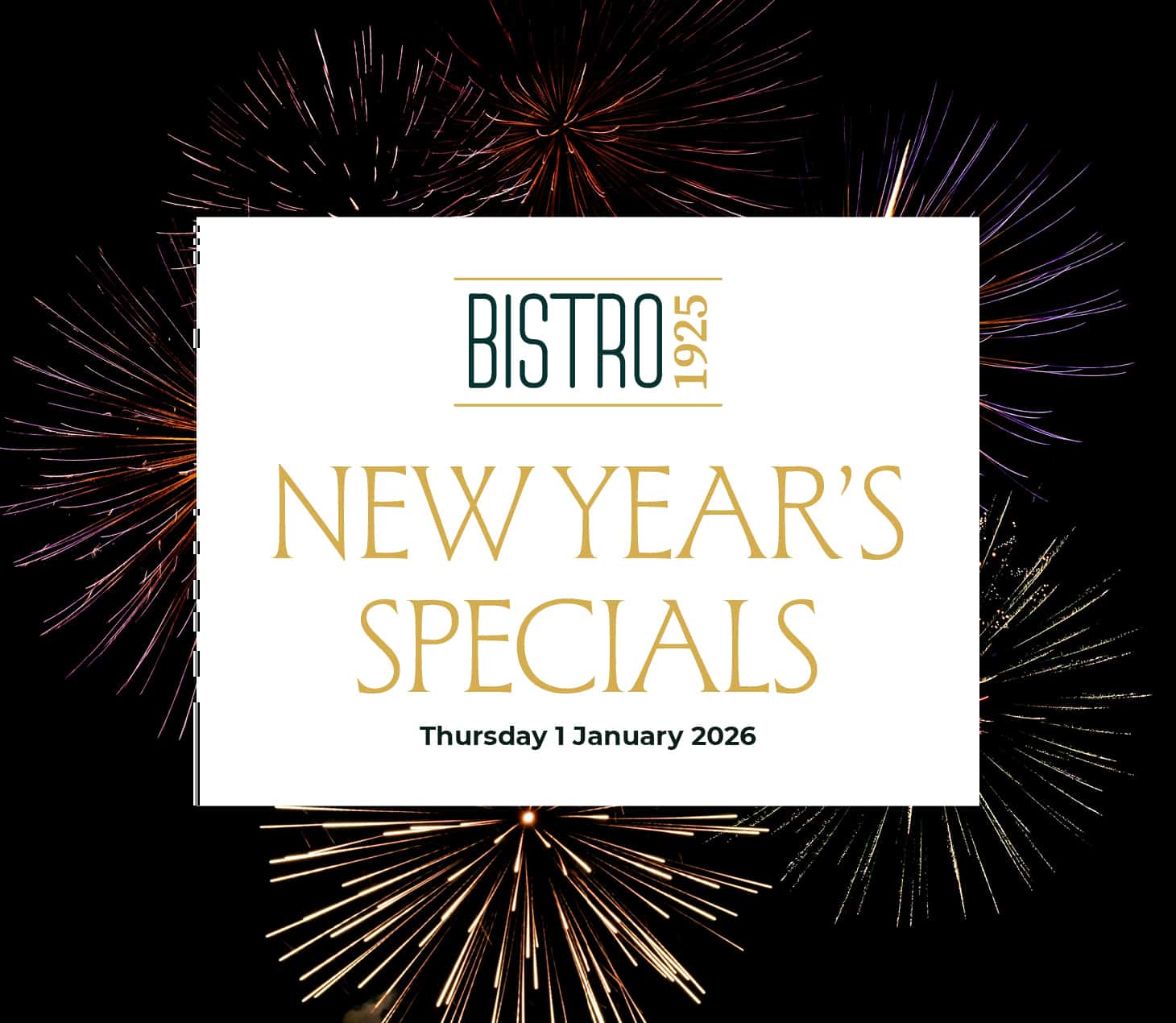 Promotional banner for Bistro 1925 New Year’s specials on January 1 2026