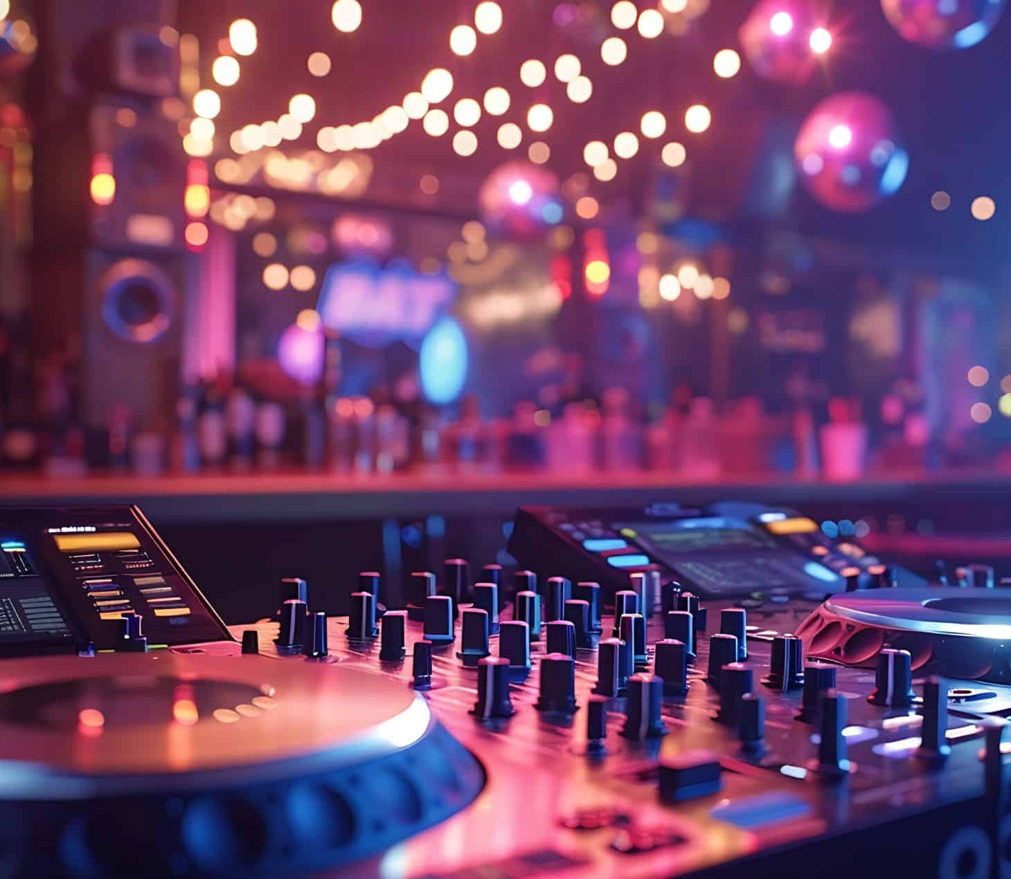 Up-close DJ decks set the mood, with warm festoon lights and a buzzing crowd creating a vibrant nightlife atmosphere at Cabravale Club Resort.