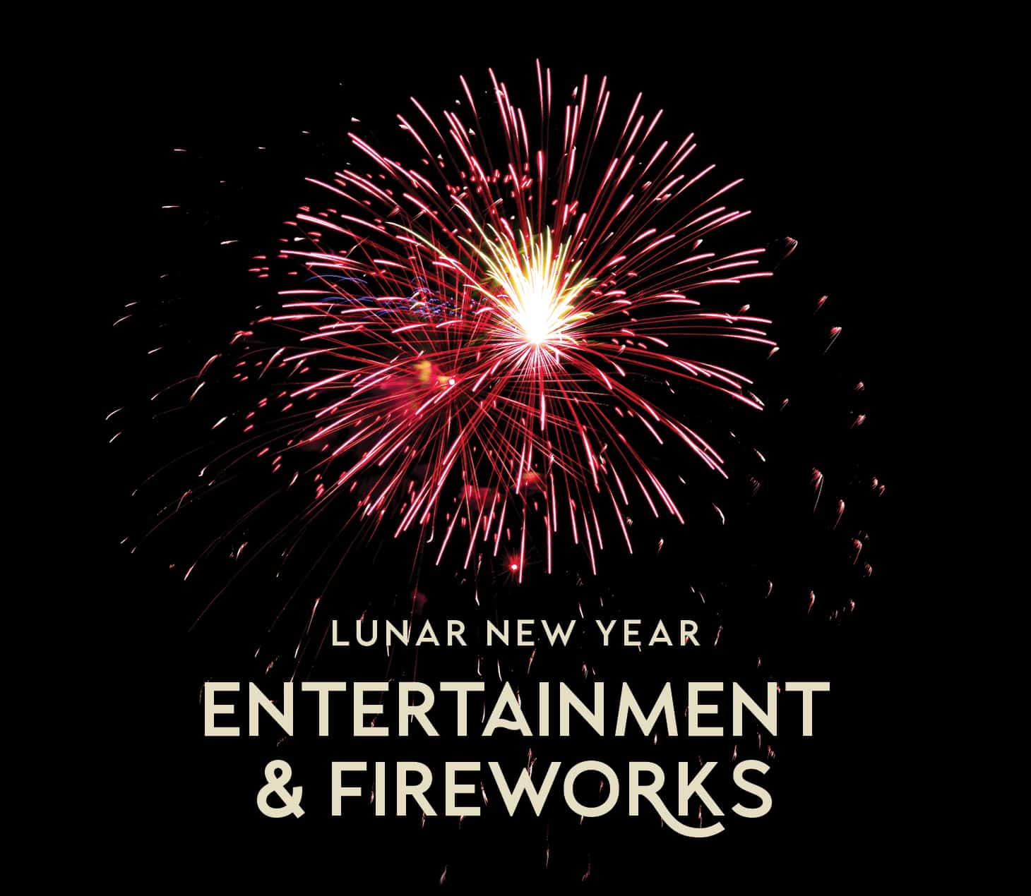 Red and gold fireworks bursting against a black sky with text “Lunar New Year Entertainment & Fireworks,” festive and celebratory tone at Cabravale Club Resort
