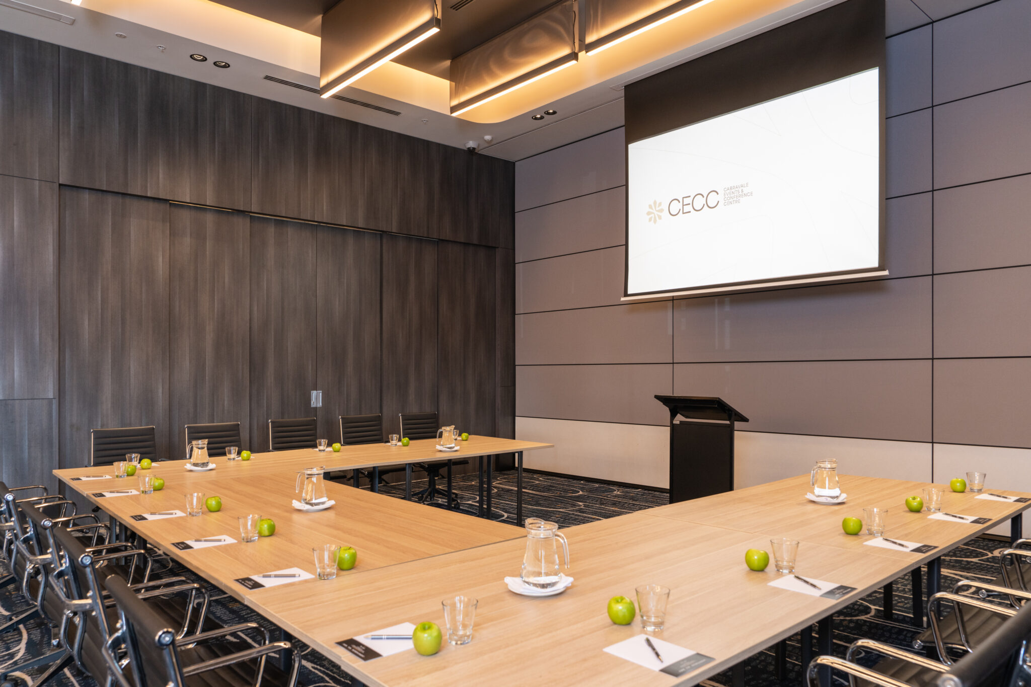 A modern conference room at Cabravale Club Resort, set up for meetings and presentations with flexible seating, integrated AV, and a clean, professional atmosphere ideal for conferences, workshops, and corporate events.