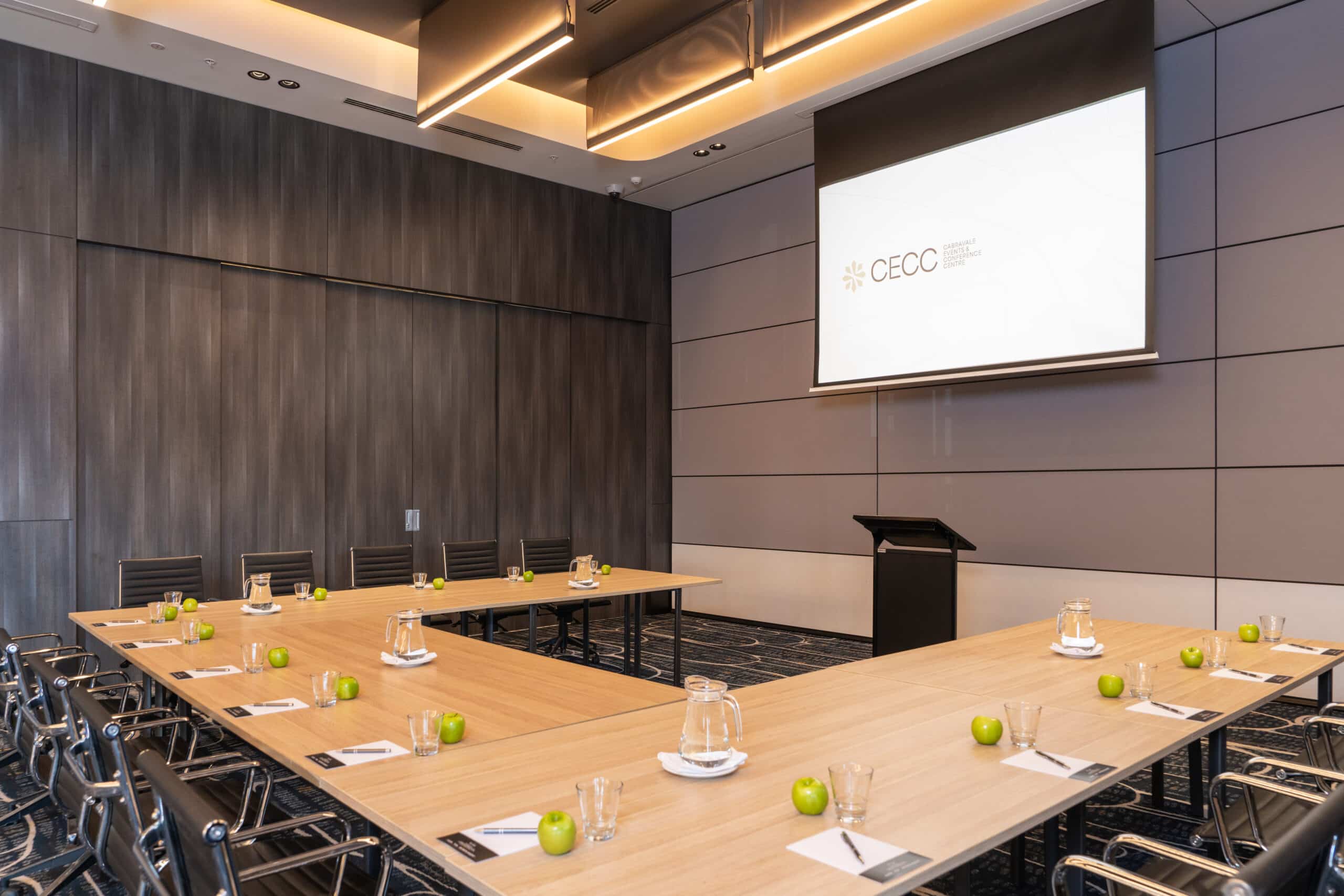 A modern conference room at Cabravale Club Resort, set up for meetings and presentations with flexible seating, integrated AV, and a clean, professional atmosphere ideal for conferences, workshops, and corporate events.