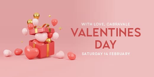 Pink Valentine’s Day banner with heart-shaped gift box and balloons, featuring text “With Love, Cabravale Valentines Day, Saturday 14 February”