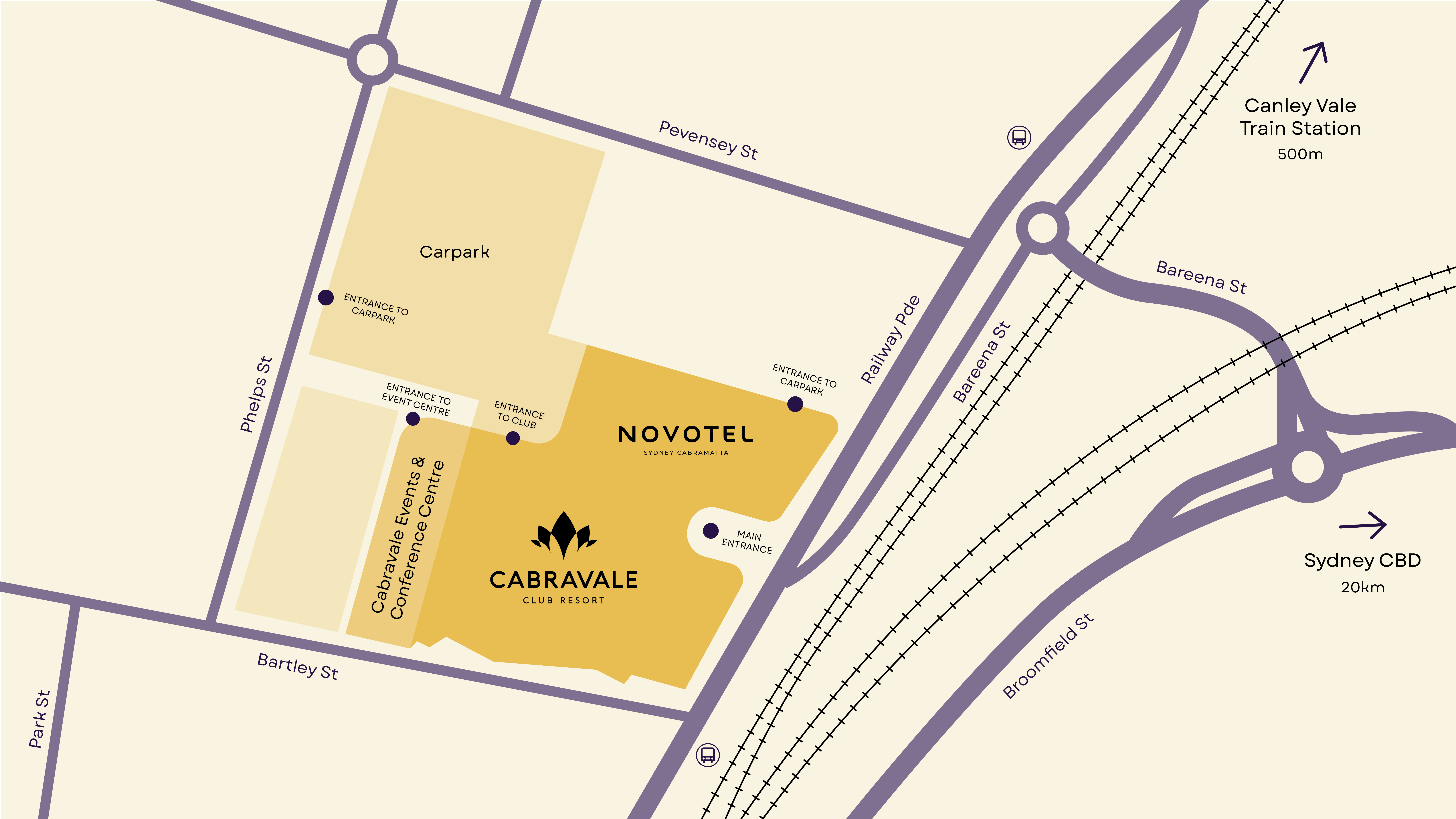 Directional map showing Cabravale Club Resort, Novotel Sydney Cabramatta, car park access, nearby streets, and walking distance to Canley Vale Train Station