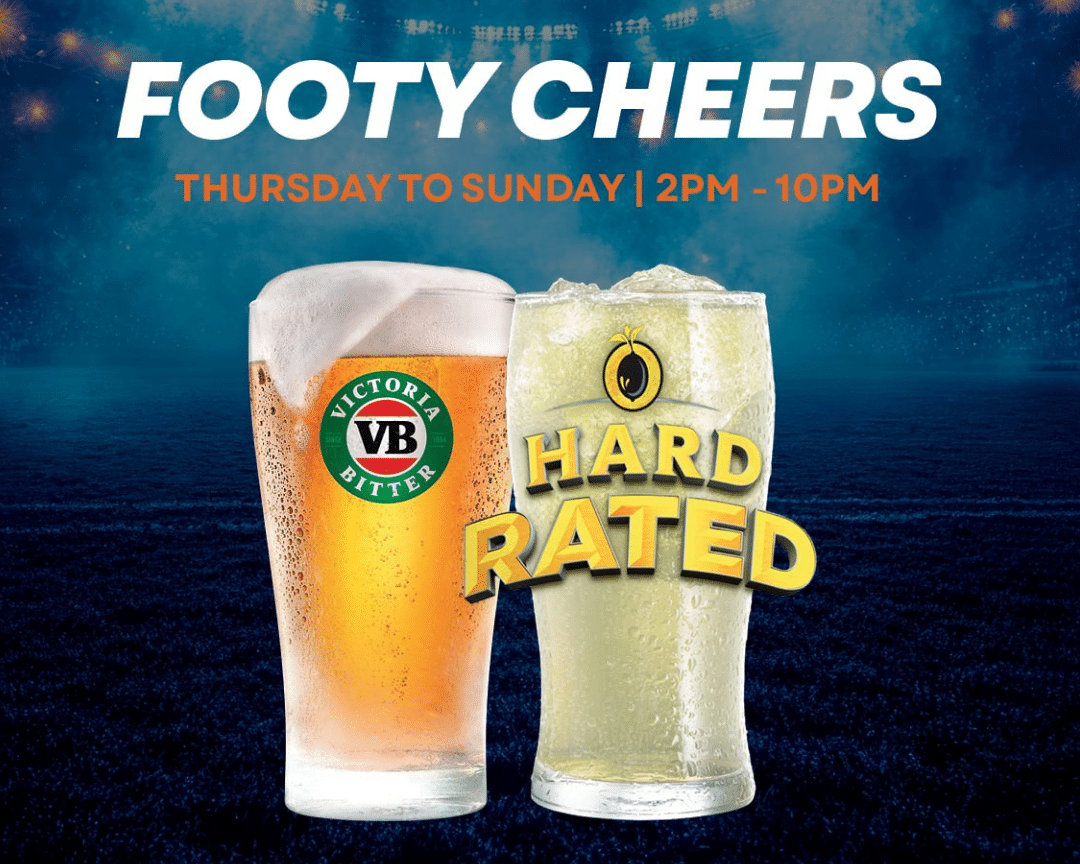 Footy Cheers Sports Arena promo with VB beer and Hard Rated cider glasses on stadium background