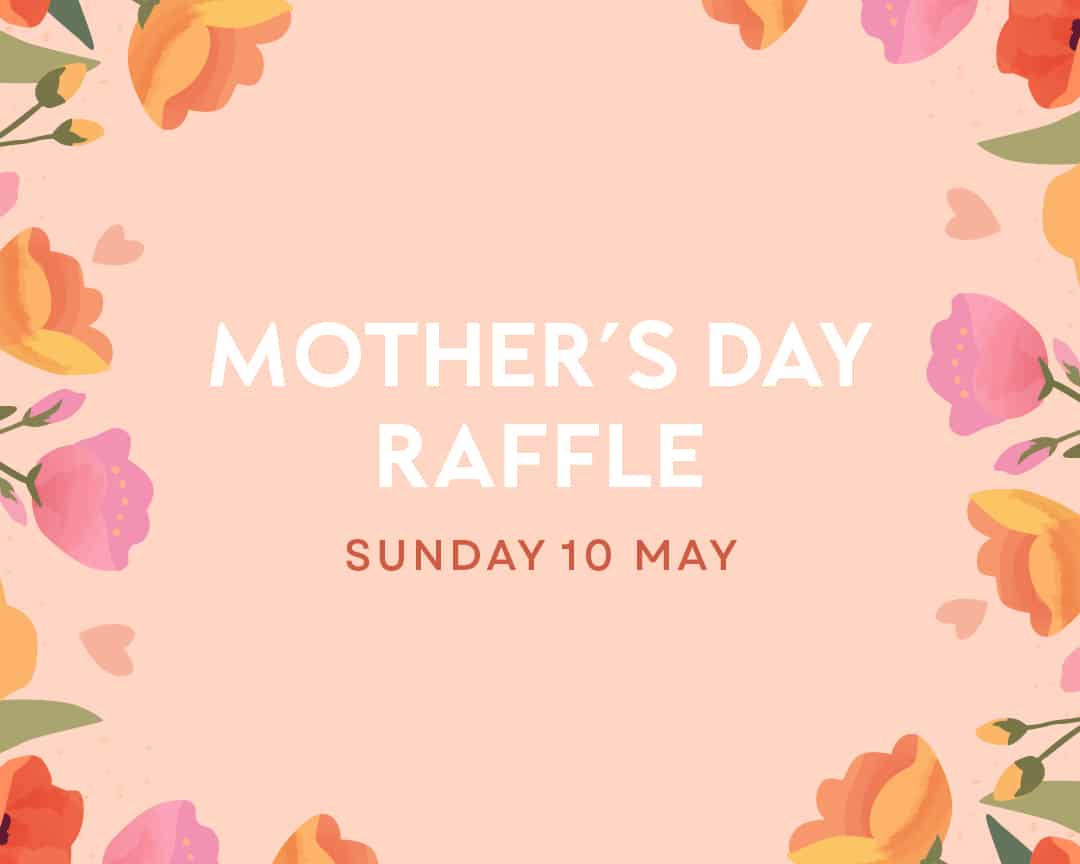 Mother's Day Raffle promo with watercolour flowers on peach background, draw on Sunday 10 May