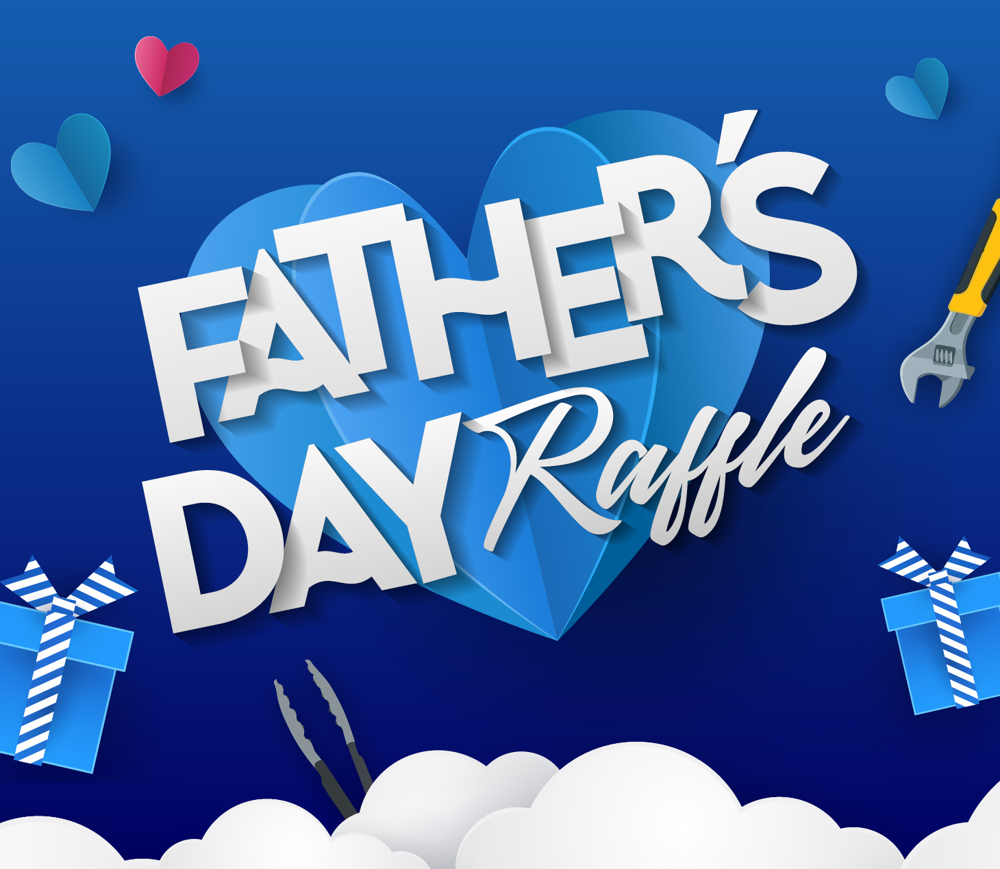 fathers day raffle at the club with presents, tools, bbq and blue background