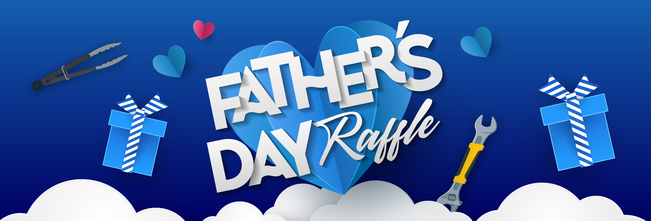 fathers day raffle at the club with presents, tools, bbq and blue background