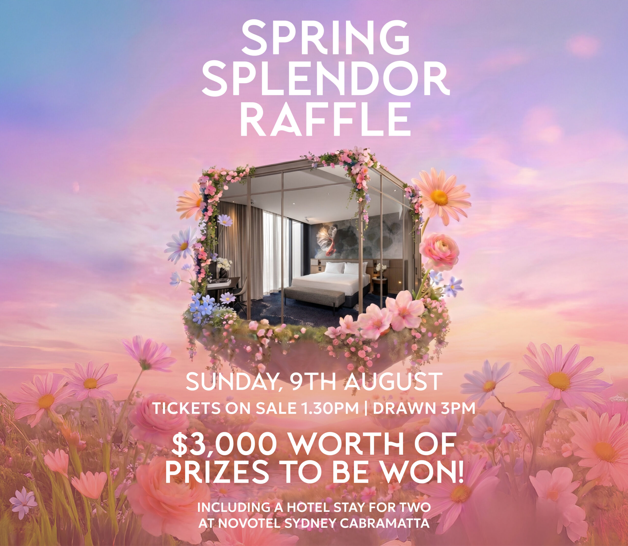 spring raffle with hotel room in the image with flowers and spring enery