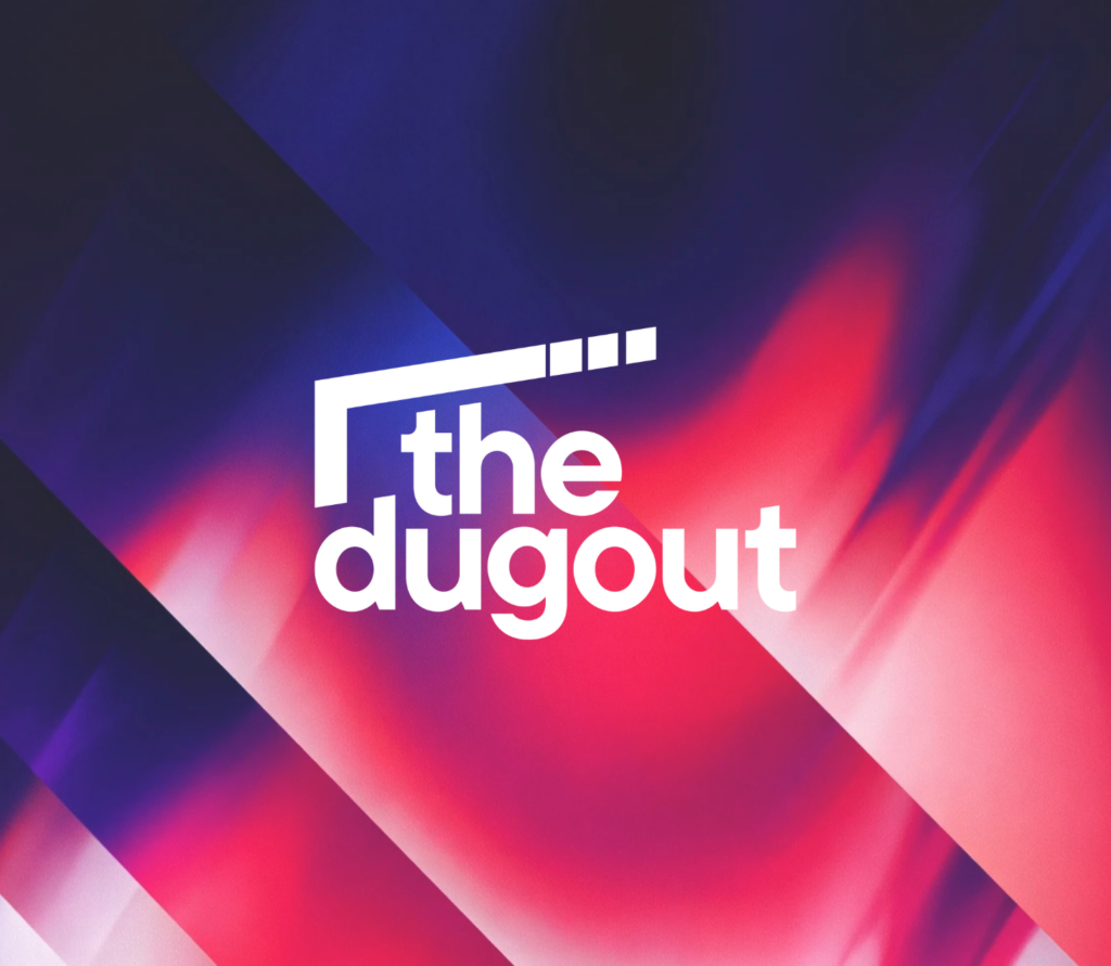 The Dugout sports bar logo on a purple and pink background, featured in what's on at Cabravale Club Resort