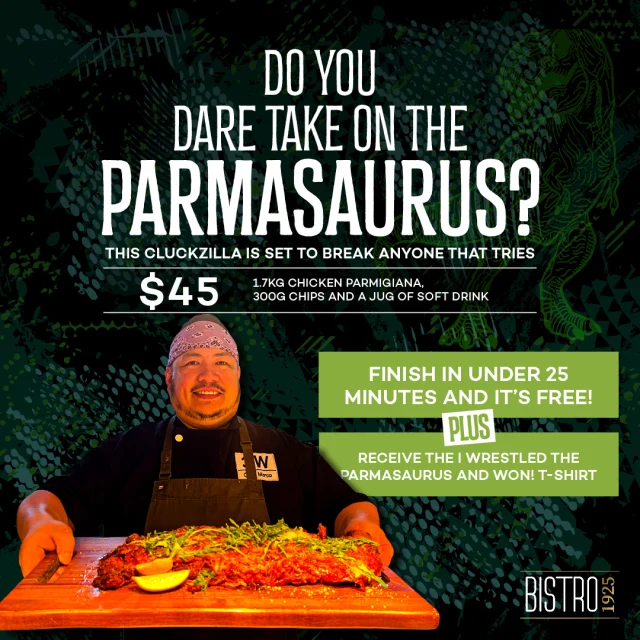 FOODIES, are you ready for another food challenge?! 🔥

$45 - 1.7kg Chicken Parmigiana, 300g chips and a jug of soft drink here at Bistro 1925!

Finish this food challenge in under 25 minutes and get your money back! 😍

This cluckzilla is set to break anyone that tries, so do you dare take on the PARMASAURUS? 🦖

Click the link in our bio 👈 for information and to register!
.
.
.
.
#cabramatta #yourlocalclub #yourlocalclubnsw #canleyvale #cabramattacommunity #cabravalediggers #cabravalediggersclub #foodchallenge #parmigiana #parmigianaeatingchallenge