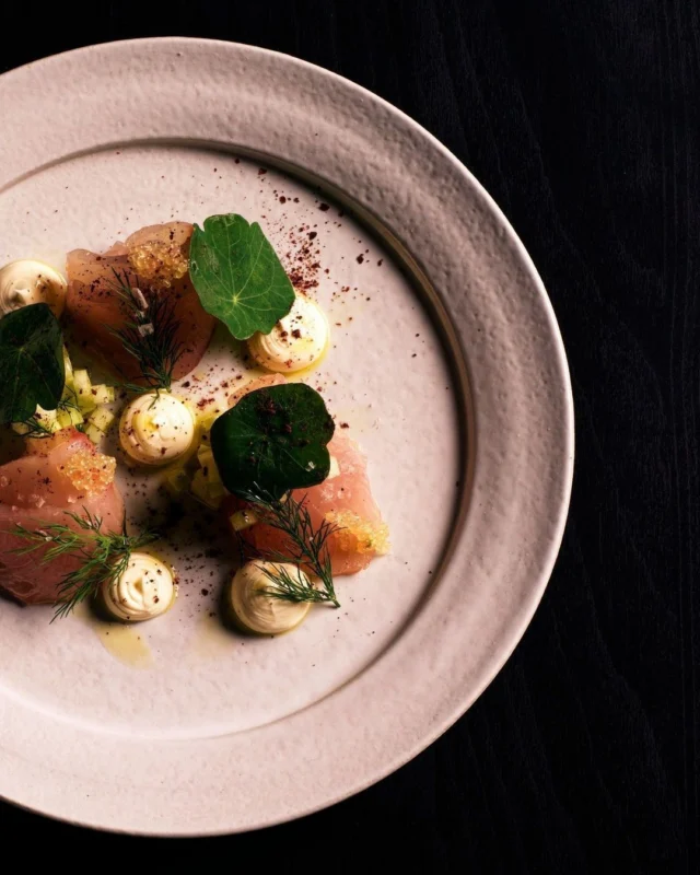 Spencer Gulf kingfish. 
Horseradish cream, cucumber, togarashi. Yuzu kosho to finish.

#magma #danykaram #cabravale