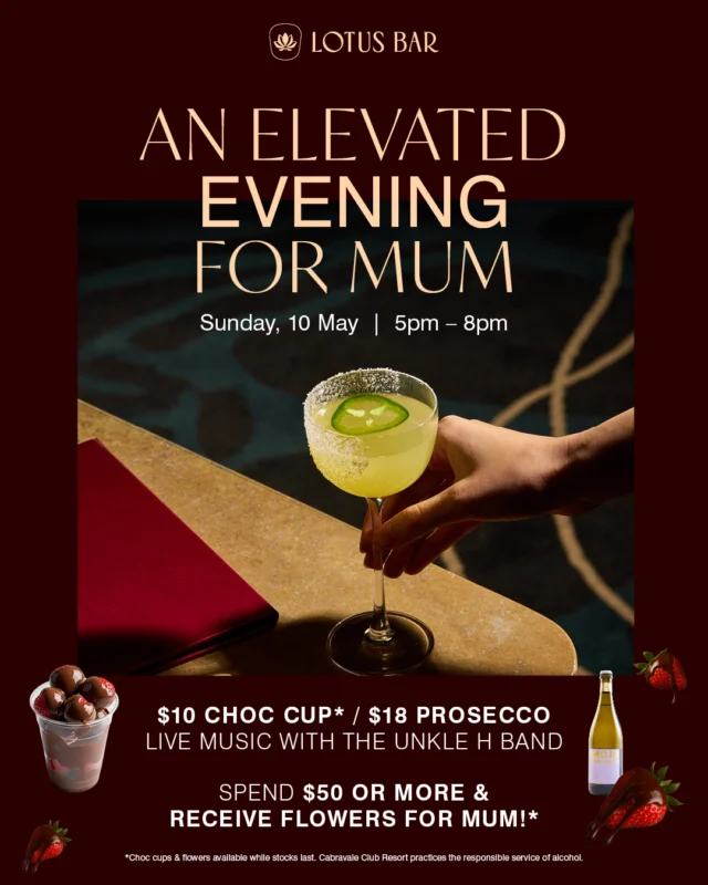 A little indulgence for Mum this Mother's Day🍓✨

Missed out on our High Tea? No problem, we've got you downstairs at the Lotus Bar. Enjoy Chocolate-dipped strawberry cups for just $10 from @chocnberrysydney . PLUS $18 bottles of Mojo Prosecco available for purchase. 

Don’t miss this sweet moment along with all our other special activities for mum like a complimetary bouquet for purchases over $50. 

Cabravale Club Resort practices the responsible service of alcohol. 

#CabravaleClubResort #YourPlaceToCelebrate #MothersDay
#MothersDayCelebration #explorepage